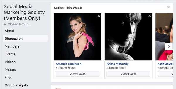 Facebook hebt hervor, welche Gruppenmitglieder diese Woche in der Gruppe am aktivsten waren.