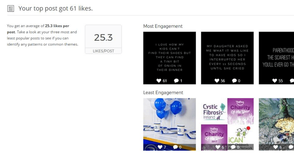 Der Instagram-Bericht von Union Metrics zeigt Statistiken und Grafiken für Ihre Top-Beiträge.