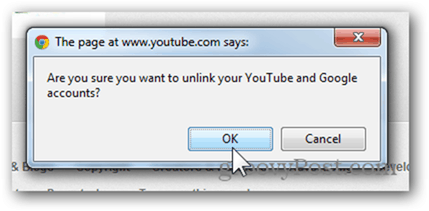 Verknüpfen eines YouTube-Kontos mit einem neuen Google-Konto - Klicken Sie auf "OK", um die Verknüpfung zum Konto aufzuheben
