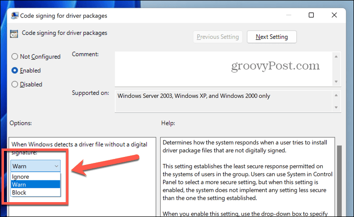 Dropdown-Liste mit den Codesignaturoptionen für Windows 11
