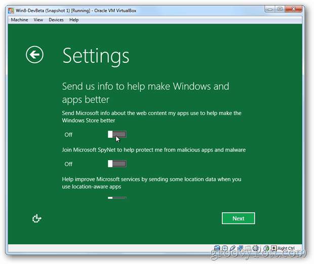 VirtualBox Windows 8 Datenschutzinformationen zu Microsoft