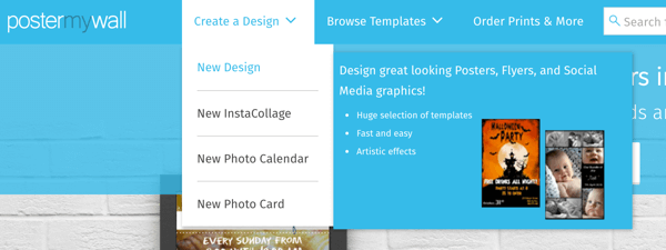Wählen Sie Design erstellen> Neues Design, um mit PosterMyWall eine Grafik zu erstellen.