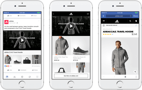 Mit dem neuen Sammlungsanzeigenformat von Facebook können Marken ein primäres Video oder Bild präsentieren, das zu einem beeindruckenden, schnell ladbaren Einkaufserlebnis auf Facebook führt. 