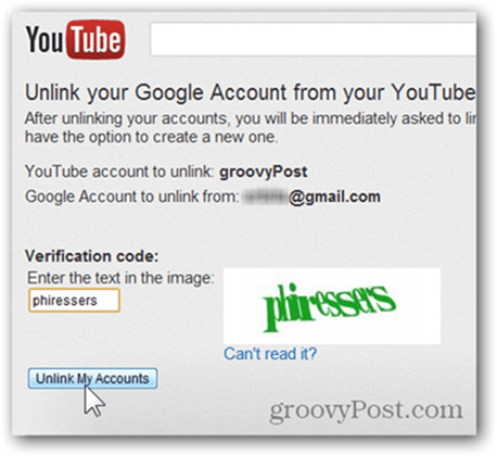 Verknüpfen eines YouTube-Kontos mit einem neuen Google-Konto - Klicken Sie auf "Verknüpfung aufheben"