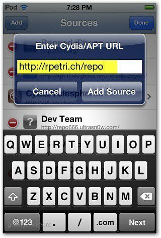 Geben Sie die Cydia APT-URL ein