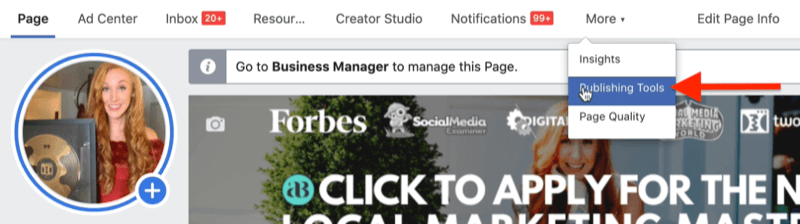 Beispiel für eine Facebook-Unternehmensseite in Facebook Business Manager mit hervorgehobener Menüoption für Veröffentlichungstools