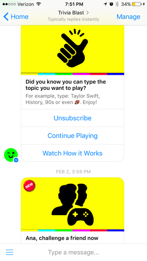 Der Chatbot von Trivia Blast konzentriert sich auf Quizspiele, die Benutzer spielen können, behält aber auch ein hohes Maß an Interaktion mit Optionen wie 