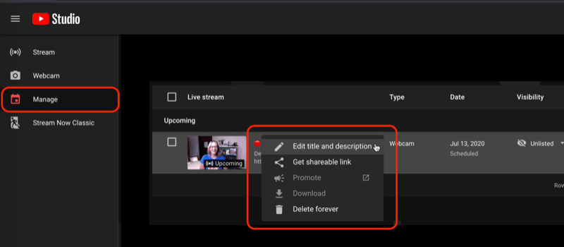 Das Live-Menü von YouTube Studio unter dem Menü "Verwalten" zeigt geplante Live-Streams und die Optionen zum Bearbeiten Ihrer Videoeinstellungen oder zum Abrufen eines gemeinsam nutzbaren Links an