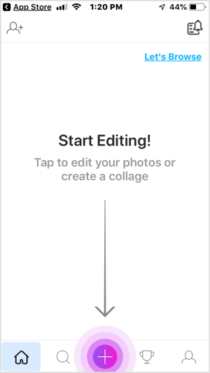 Tippen Sie in der PicsArt Mobile App auf die Schaltfläche +.