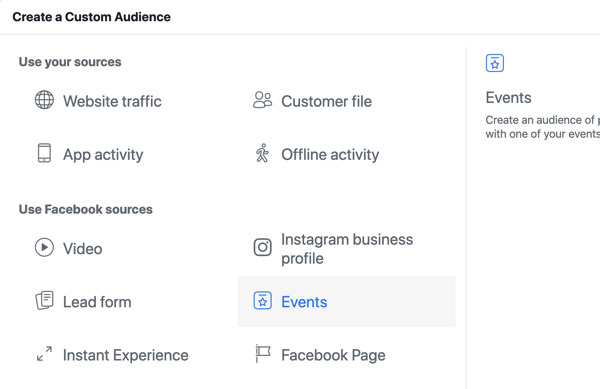 So bewerben Sie Ihr Live-Event auf Facebook, Schritt 10, erstellen Sie im Facebook Ads Manager eine benutzerdefinierte Zielgruppe basierend auf den Seitenaufrufen der Events