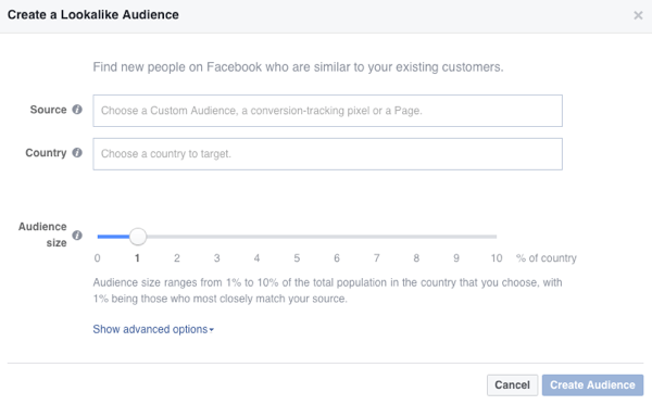 Diese Optionen werden angezeigt, wenn Sie ein Facebook-ähnliches Publikum erstellen.