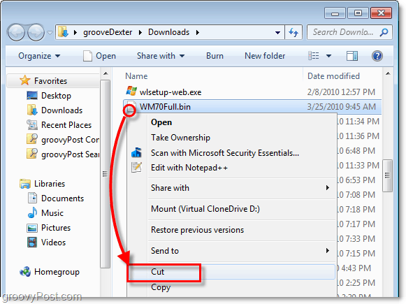 Verschieben Sie die entsperrte Bin-Datei mit cut in einen neuen Ordner in Windows 7