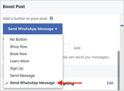 Wählen Sie die Option WhatsApp-Nachricht senden, wenn Sie einen Facebook-Beitrag verbessern.