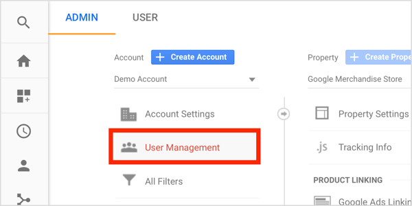 Klicken Sie im Google Analytics-Administrator-Dashboard unter Konto auf Benutzerverwaltung.