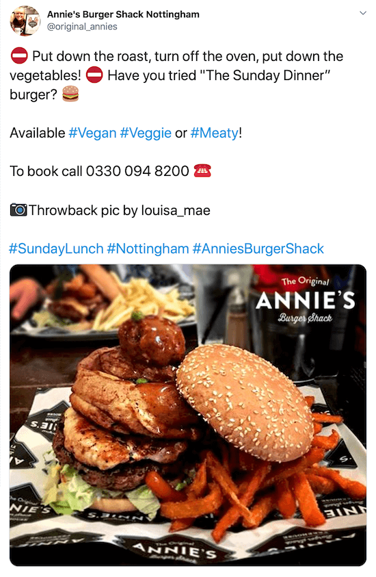 Screenshot eines Twitter-Posts von @original_annies mit einem Bild eines Burgers und Süßkartoffel-Pommes unter einer eingängigen Beschreibung, ihrer Telefonnummer, Bildnachweis und Hashtags
