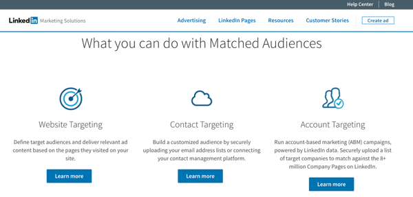 Erstellen Sie LinkedIn Matched Audiences, um Website-Retargeting, Konto-Targeting und Kontakt-Targeting mit Ihren LinkedIn-Anzeigen zu verwenden.