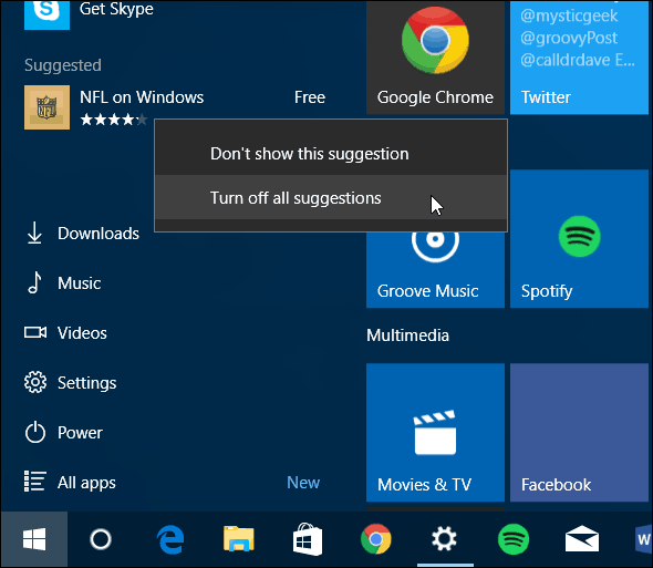 Windows 10-Startmenü Deaktivierte empfohlene Apps