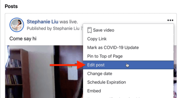 Option zum Bearbeiten des Beitrags des Facebook-Live-Streams unter dem Drei-Punkte-Menü in der oberen rechten Ecke des Stream-Beitrags