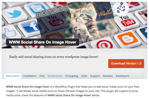 wwm Social Share auf Bild Hover Plugin Screenshot