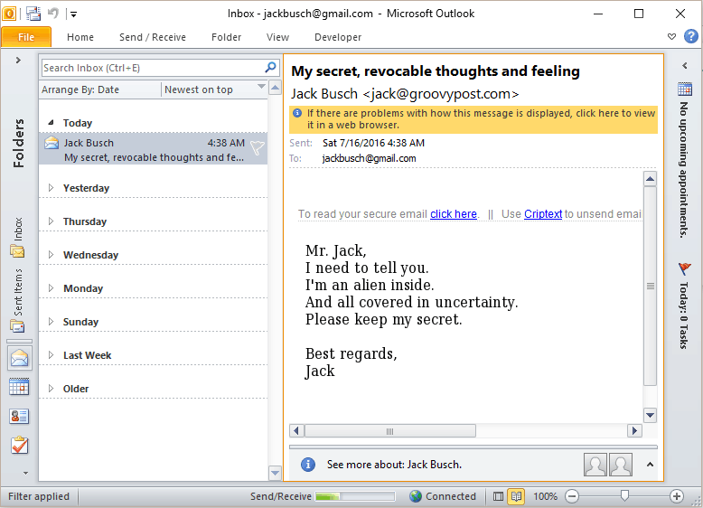 Criptext in Aktion in Outlook