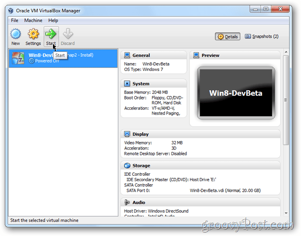 VirtualBox Windows 8 starten vm