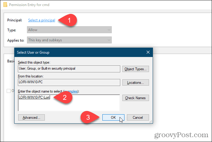 Klicken Sie auf Prinzipal auswählen und wählen Sie einen Benutzer oder eine Gruppe für Berechtigungen in der Windows-Registrierung aus