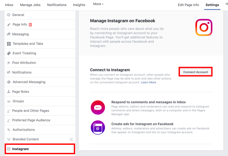 So verbinden Sie die Facebook-Seite mit dem Instagram-Geschäftskonto in den Einstellungen der Facebook-Seite