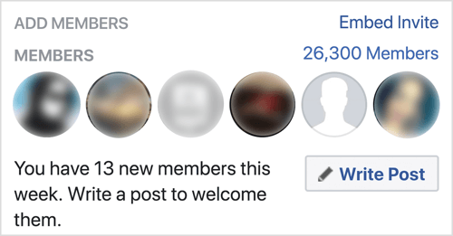 Klicken Sie auf Beitrag schreiben, um neue Facebook-Gruppenmitglieder willkommen zu heißen.
