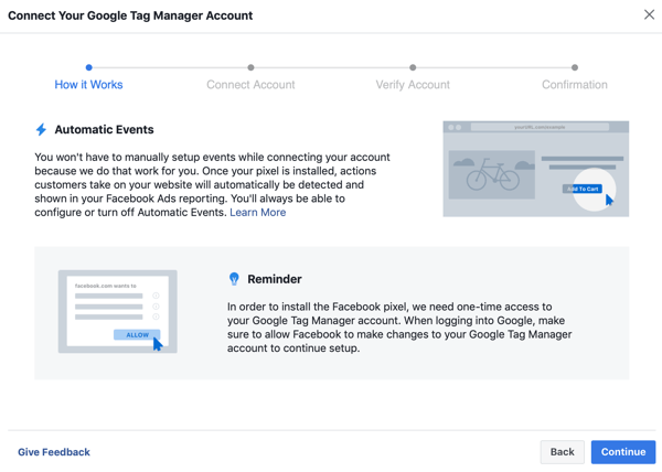 Verwenden Sie den Google Tag Manager mit Facebook, Schritt 6, und klicken Sie auf Weiter, wenn Sie den Google Tag Manager mit Ihrem Facebook-Konto verbinden