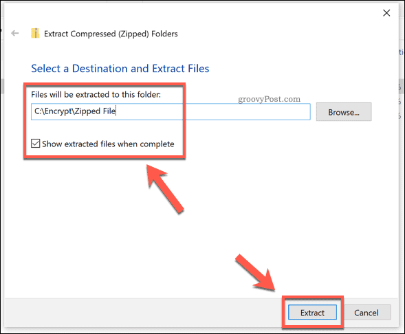 Die Extraktionsoptionen für eine Windows-Zip-Datei