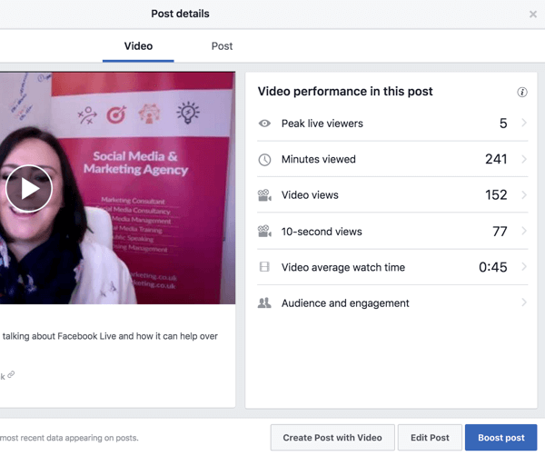 Wählen Sie ein Video in Ihrer Facebook-Videobibliothek aus, um Leistungsmetriken anzuzeigen.