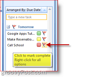 Aufgabenleiste von Outlook 2007 – Klicken Sie auf die Aufgabenkennzeichnung, um sie als abgeschlossen zu markieren