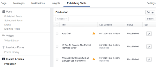 Tools zur Veröffentlichung von Facebook-Sofortartikeln