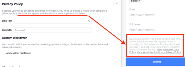 Beispiel für eine Datenschutzrichtlinie, die in den Optionen einer Facebook-Lead-Werbekampagne enthalten ist.