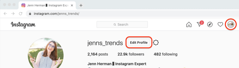 Screenshot eines Instagram-Profils mit hervorgehobener Schaltfläche "Profil bearbeiten"