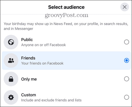 Facebook-Publikumsoptionen