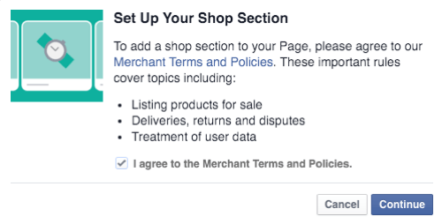 stimmen Sie den Bedingungen und Richtlinien des Facebook-Shop-Händlers zu und fahren Sie fort