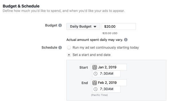 Budget- und Zeitplanoptionen für eine Facebook-Lead-Werbekampagne.