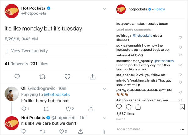 Hot Pockets Instagram-Post mit seltsamem Humor.