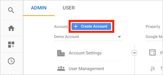 Klicken Sie in Ihrem Google Analytics-Konto auf der Registerkarte "Administrator" auf "Konto erstellen".