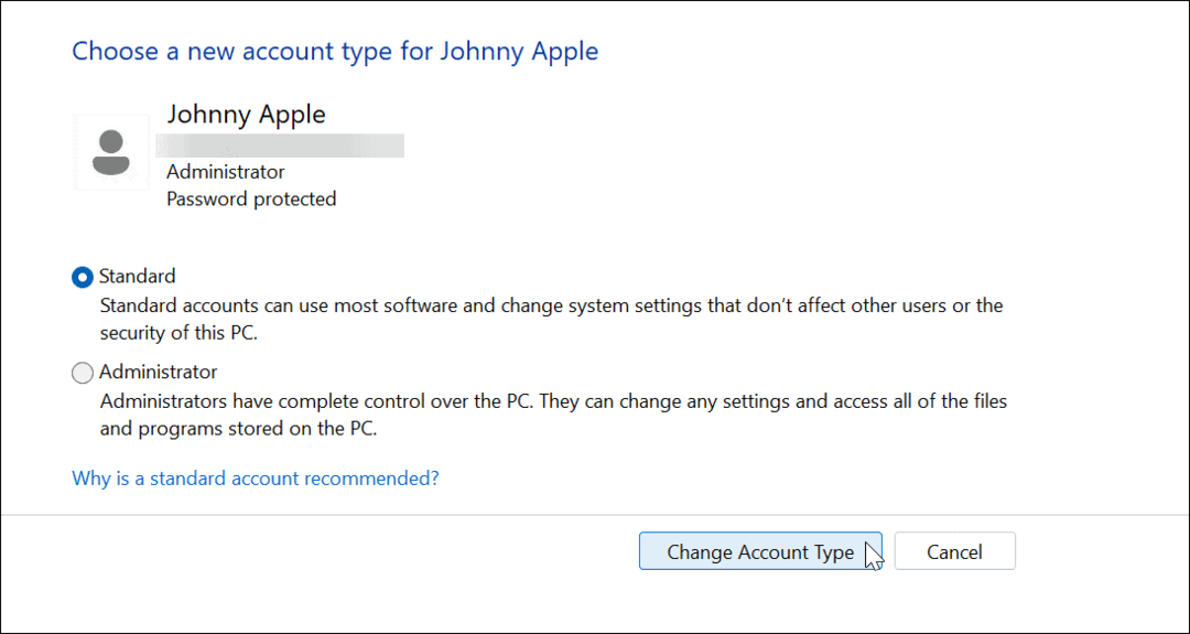 Ändern Sie den Kontotyp unter Windows 11