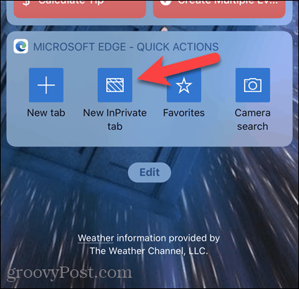 Tippen Sie unter iOS auf die Registerkarte Neue InPrivate-Registerkarte im Edge-Widget