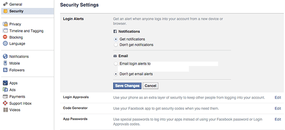 Einstellungen für Facebook Desktop-Sicherheitsbenachrichtigungen