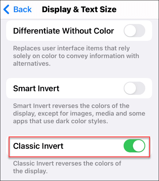 Smart Invert deaktivieren Classic Invert aktivieren