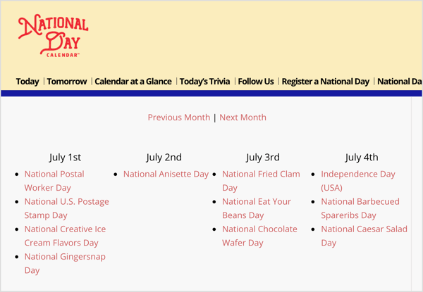 Der Nationalfeiertagskalender ist eine Ressource für zufällige Nischenfeiertage, die auf Ihre Marketingziele abgestimmt sind.