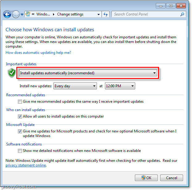 Screenshot des Windows 7 - Windows Update-Konfigurationsmenüs