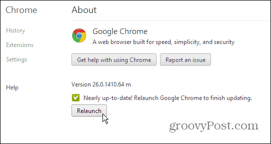 Google Chrome About Page - Aktualisieren und neu starten
