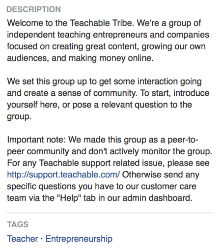 In der Beschreibung der Facebook-Gruppe gibt Teachable direkt an, dass es in seiner Facebook-Gruppe darum geht, eine Community zu erstellen.