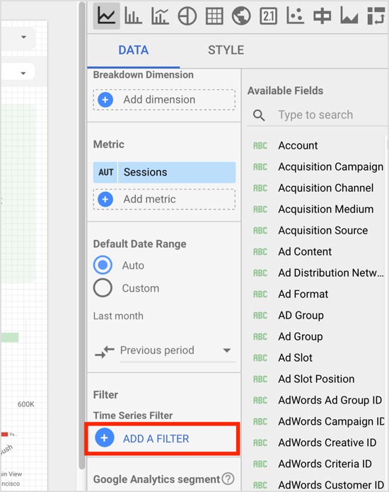 Klicken Sie im Bereich Eigenschaften der Komponenten auf der Registerkarte Daten auf die Option Filter hinzufügen.