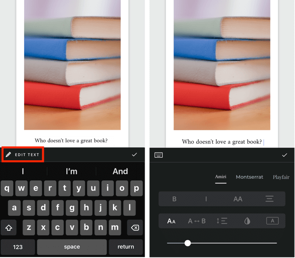 Erstellen Sie eine Entfaltungs-Instagram-Story, Schritt 5, in der Textbearbeitungsoptionen angezeigt werden.